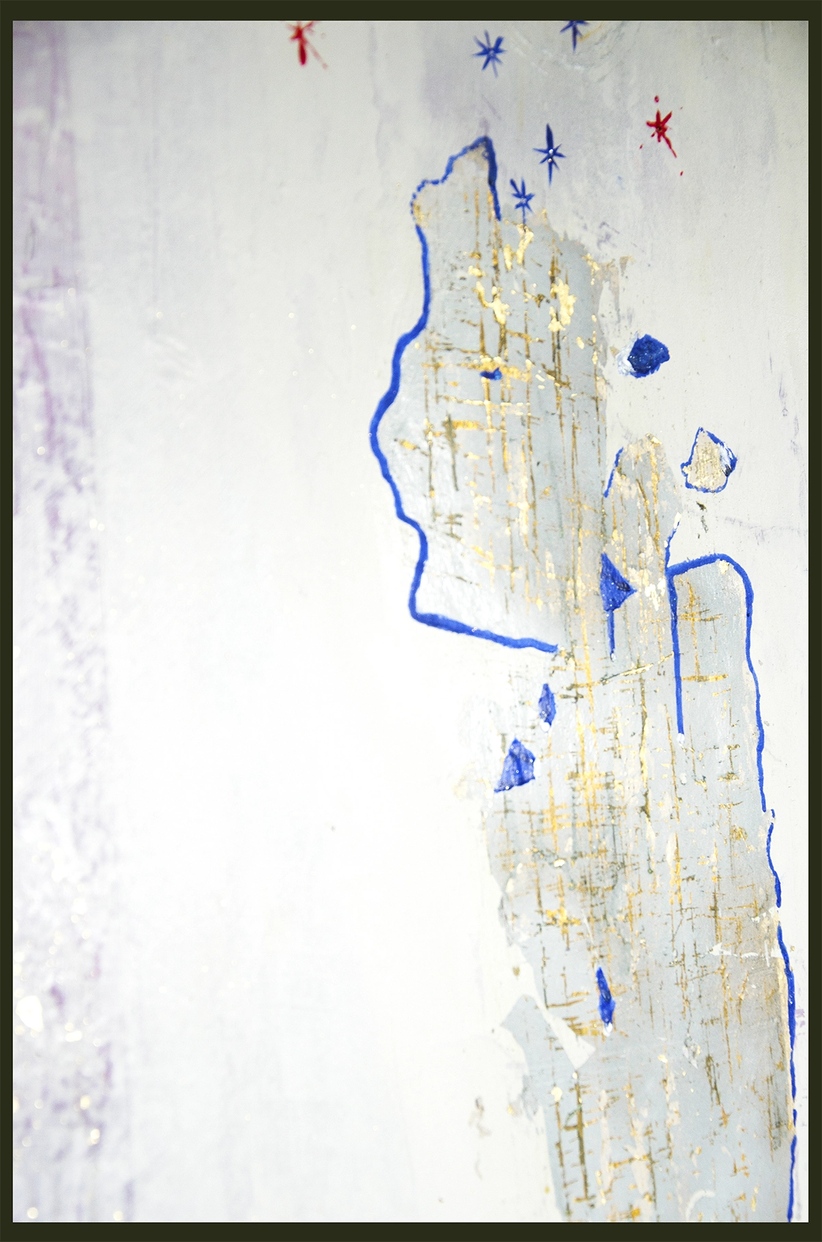 details of Benie's abstract painting Man of the Moon white background large painting on wood